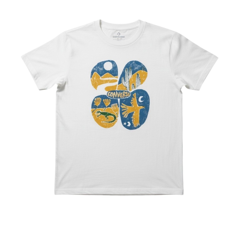 Converse Dessert Hiking Graphic Tee White Blue Gold Knit Short Sleeve S‎